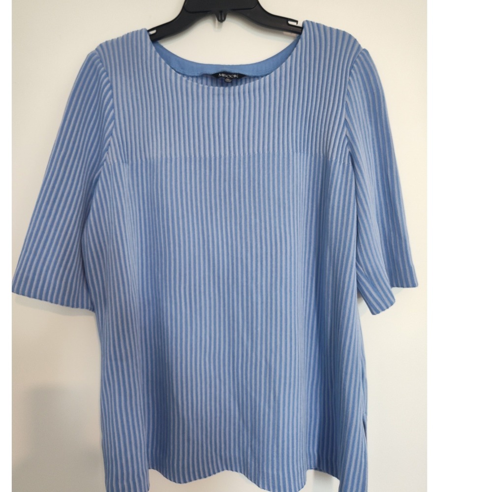 Misook Womens XL Blue White Striped Ribbed Knit Elbow Sleeve Crew Neck Top